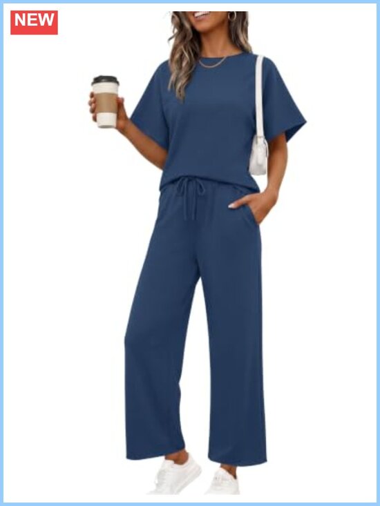 Pants - Ivicoer Two Piece Set Crewneck 3/4 Sleeve Top Wide Leg Pants Cotton Polyester